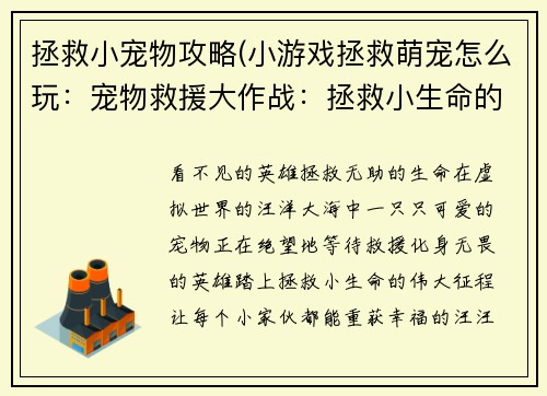 拯救小宠物攻略(小游戏拯救萌宠怎么玩：宠物救援大作战：拯救小生命的实用指南)